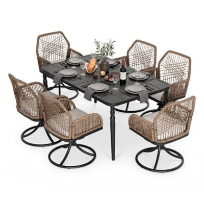 Nuu Garden 7 pc. Outdoor Dining Set with Swivel Wicker Chairs and Large Slat Table