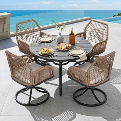 Nuu Garden 5 pc. Outdoor Dining Set with Swivel Wicker Chairs and Round Table with Umbrella Hole
