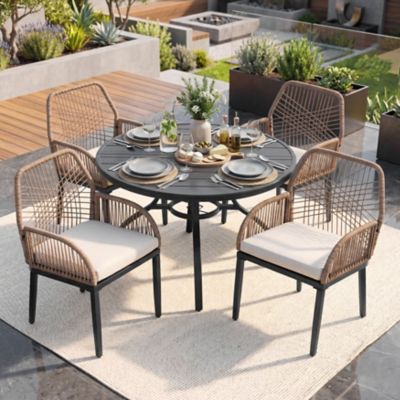 Nuu Garden 5 pc. Outdoor Dining Set with Wicker Chairs and Round Table with Umbrella Hole