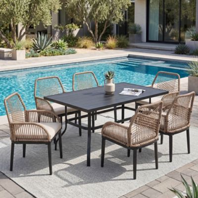 Nuu Garden 7 pc. Outdoor Dining Set with Wicker Chairs and Rectangular Table with Umbrella Hole