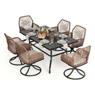 Nuu Garden 7 pc. Outdoor Dining Set with Swivel Wicker Chairs and Rectangular Table with Umbrella Hole
