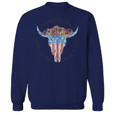 Goodie Two Sleeves Women's Americana Cow Skull Long Sleeve Pullover Graphic Sweatshirt