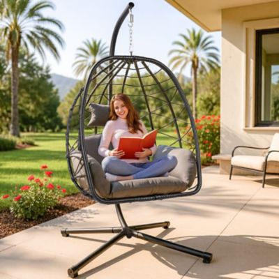 Image showing 1 th Modern Muse Egg Chair Stand Wicker Hanging Chair Indoor Outdoor Cushion Swing Hammock Patio Bedroom Balcony, Gray