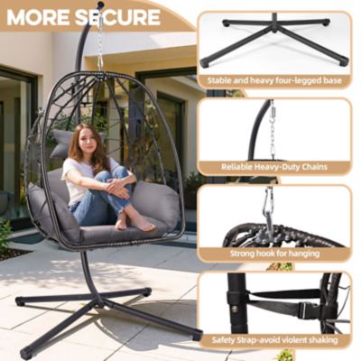 Image showing 2 th Modern Muse Egg Chair Stand Wicker Hanging Chair Indoor Outdoor Cushion Swing Hammock Patio Bedroom Balcony, Gray