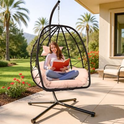 Image showing  Egg Chair Stand Wicker Hanging Chair Indoor Outdoor Cushion Swing Hammock Patio Bedroom Balcony, Brown Khaki