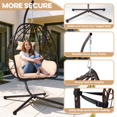 Image showing  Egg Chair Stand Wicker Hanging Chair Indoor Outdoor Cushion Swing Hammock Patio Bedroom Balcony, Brown Khaki