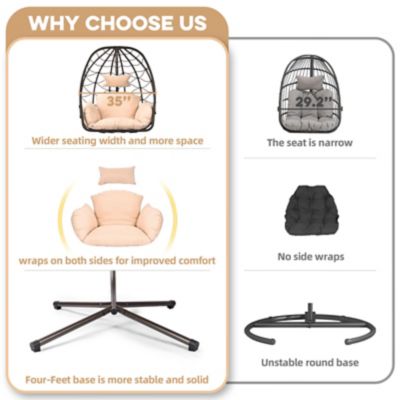 Image showing 5 th Modern Muse Egg Chair Stand Wicker Hanging Chair Indoor Outdoor Cushion Swing Hammock Patio Bedroom Balcony, Brown Khaki