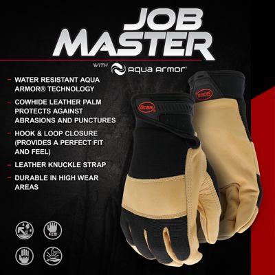 Image showing 1 th Boss Water Resistant Cowhide Leather Work Gloves with Adjustable Wrist