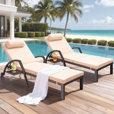 Modern Muse Patio Chaise Lounge Set 2, Wicker Outdoor, 5 Adjustable Back, Removable Cushion & Tray, for Poolside Deck Beach