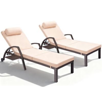 Image showing  Patio Chaise Lounge Set 2, Wicker Outdoor, 5 Adjustable Back, Removable Cushion & Tray, for Poolside Deck Beach