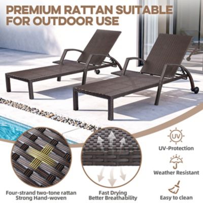 Image showing  Patio Chaise Lounge Set 2, Wicker Outdoor, 5 Adjustable Back, Removable Cushion & Tray, for Poolside Deck Beach