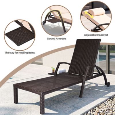 Image showing  Patio Chaise Lounge Set 2, Wicker Outdoor, 5 Adjustable Back, Removable Cushion & Tray, for Poolside Deck Beach