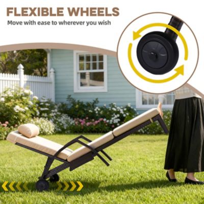Image showing  Patio Chaise Lounge Set 2, Wicker Outdoor, 5 Adjustable Back, Removable Cushion & Tray, for Poolside Deck Beach