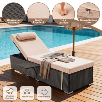Image showing  Outdoor Chaise Lounge Set of 2, 6-Position Adjustable Backrest, 3 in. Cushion & Side Tray, All-Weather PE Wicker