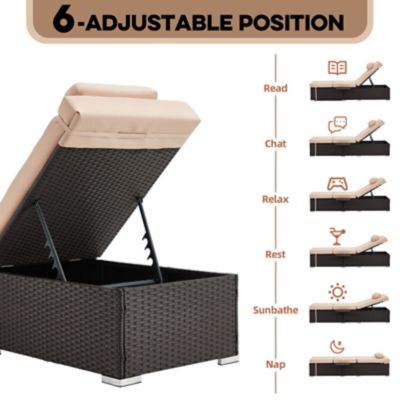 Image showing  Outdoor Chaise Lounge Set of 2, 6-Position Adjustable Backrest, 3 in. Cushion & Side Tray, All-Weather PE Wicker