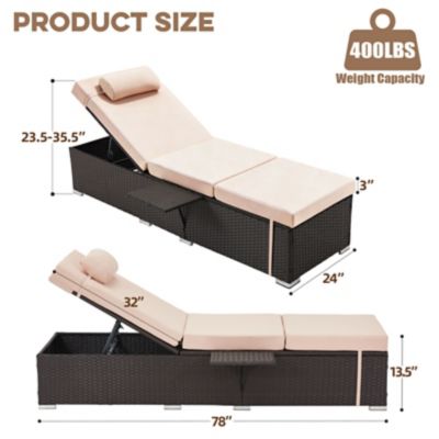 Image showing  Outdoor Chaise Lounge Set of 2, 6-Position Adjustable Backrest, 3 in. Cushion & Side Tray, All-Weather PE Wicker