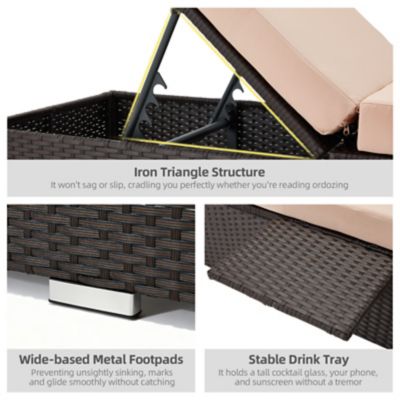 Image showing  Outdoor Chaise Lounge Set of 2, 6-Position Adjustable Backrest, 3 in. Cushion & Side Tray, All-Weather PE Wicker