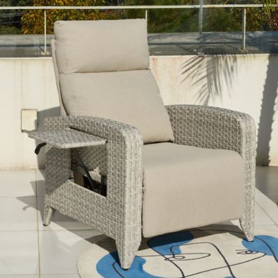 Modern Muse Outdoor Wicker Rattan Recliner Chairs Set of 2, Adjustable Back, Extended Footrest, Flip Table & Cushion