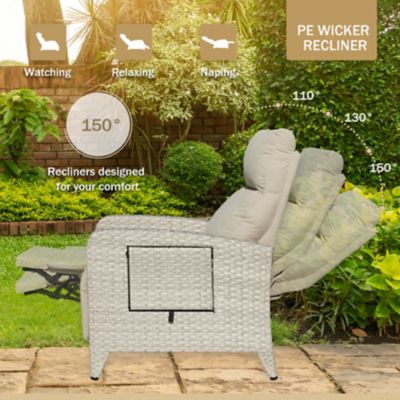 Image showing  Outdoor Wicker Rattan Recliner Chairs, Adjustable Back, Extended Footrest, Flip Table & Cushion, Gray/Beige