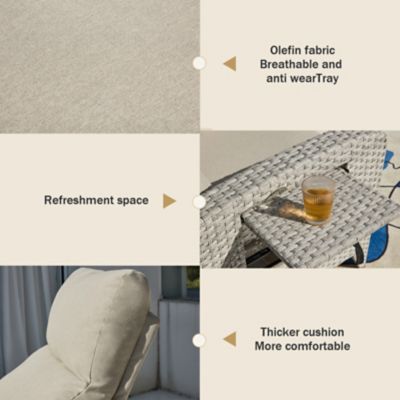 Image showing  Outdoor Wicker Rattan Recliner Chairs, Adjustable Back, Extended Footrest, Flip Table & Cushion, Gray/Beige