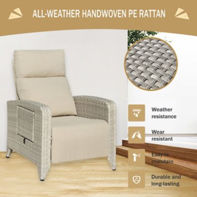 Image showing  Outdoor Wicker Rattan Recliner Chairs, Adjustable Back, Extended Footrest, Flip Table & Cushion, Gray/Beige