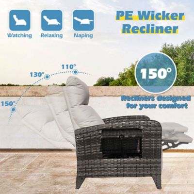 Image showing  Outdoor Wicker Rattan Recliner Chairs, Adjustable Back, Extended Footrest, Flip Table & Cushion, Greige