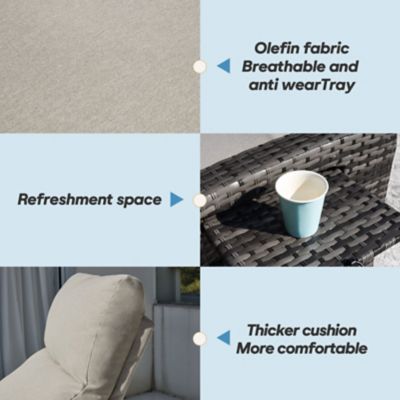 Image showing  Outdoor Wicker Rattan Recliner Chairs, Adjustable Back, Extended Footrest, Flip Table & Cushion, Greige