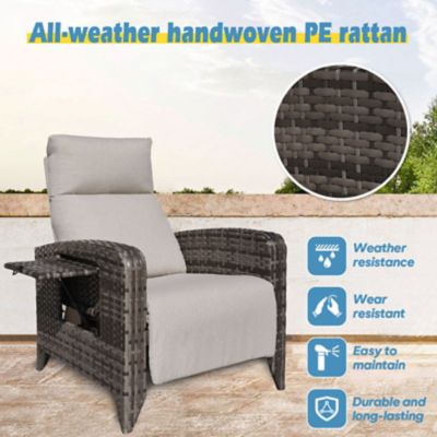 Image showing  Outdoor Wicker Rattan Recliner Chairs, Adjustable Back, Extended Footrest, Flip Table & Cushion, Greige