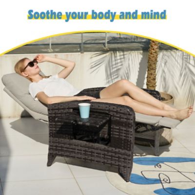 Image showing  Outdoor Wicker Rattan Recliner Chairs, Adjustable Back, Extended Footrest, Flip Table & Cushion, Greige
