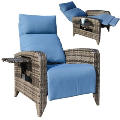 Modern Muse Outdoor Wicker Rattan Recliner Chairs Set of 2, Adjustable Back, Extended Footrest, Flip Table & Cushion MIX8003LBU