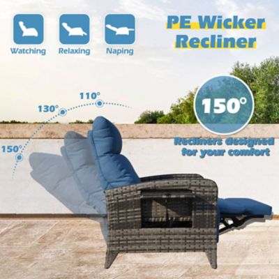 Image showing  Outdoor Wicker Rattan Recliner Chairs Set of 2, Adjustable Back, Extended Footrest, Flip Table & Cushion MIX8003LBU