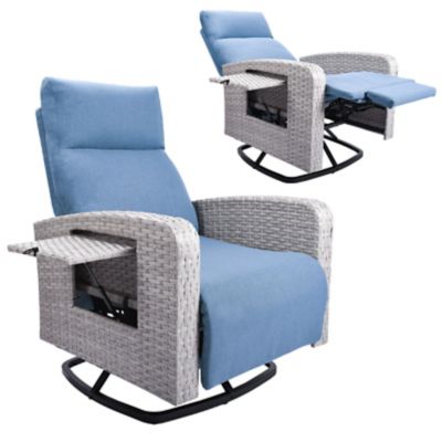 Modern Muse Outdoor Wicker Recliner Chairs, Adjustable Backrest, Extended Footrest, Flip Table & Removable Cushion, White/Blue