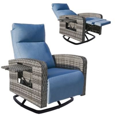 Modern Muse Outdoor Wicker Recliner Chairs, Adjustable Backrest, Extended Footrest, Flip Table & Removable Cushion, Blue