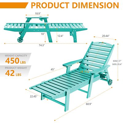 Image showing 1 th Upland Lounge Chair Ourdoor with 6-Position Adjustable Back, HDPE Patio Chaise with Wheels and Cup Holder, 2 pk. YYLC-AB2