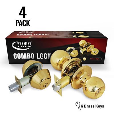 Grip Tight Tools Solid Brass Entry Door Knob Combo Lock Set with Double Cylinder Deadbolt and 24 KW1 Keys, 4 pk., Keyed Alike