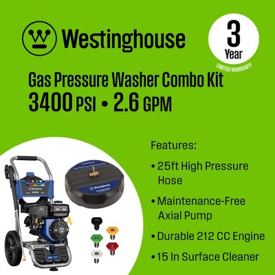 Image showing  3400 PSI 2.6 GPM Cold Water Gas Pressure Washer with 3400 PSI Surface Cleaner