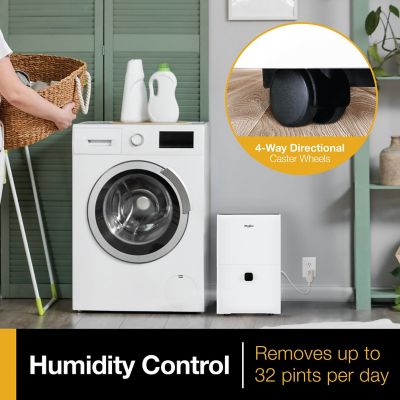 Image showing 4 th Whirlpool 32 Pint Dehumidifier for 1,500 sq. ft. with Caster Wheels & Carry Handles in White