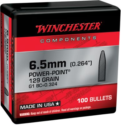 Winchester Ammo Power-Point 6.5 Creedmoor 129-Grain Reloading Rifle Bullets, 100 Rounds