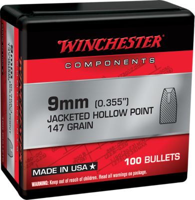 Winchester Ammo 9mm 147-Grain Jacketed Hollow Point Reloading Handgun Bullets, 100 Rounds