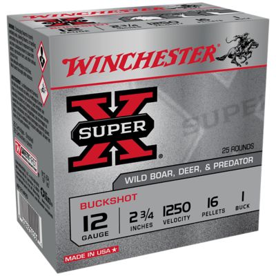 Winchester Ammo 12-Gauge Super X 16-Pellet Buckshot Shotgun Shells, #1, 2.75 in., 25 Rounds