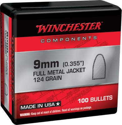 Winchester Ammo 9mm 124-Grain Full Metal Jacket Reloading Handgun Bullets, 100 Rounds