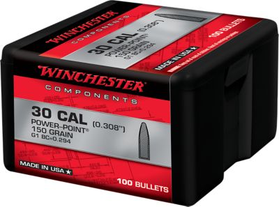 Winchester Ammo .30 Caliber 150-Grain Power Point Reloading Rifle Bullets, 100 Rounds