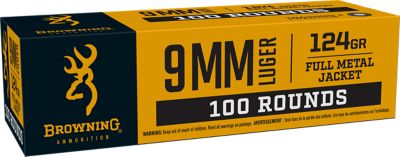 Browning Ammo 9mm 124-Grain Full Metal Jacket Handgun Ammunition, 100 Rounds