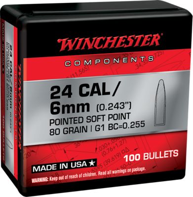Winchester Ammo .243 Win 80-Grain Pointed Soft Point Reloading Rifle Bullets, 100 Rounds