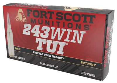 Fort Scott Munitions Tumble Upon Impact (TUI) .243 Win 58-Grain Solid Copper Spun Rifle Ammunition, 20 Rounds