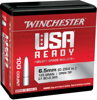 Winchester Ammo 6.5 Creedmoor 125-Grain Open Tip Reloading Rifle Bullets, 100 Rounds