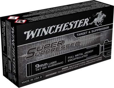 Winchester Ammo Super Suppressed 9mm Luger 147-Grain Encapsulated Full Metal Jacket Handgun Ammunition, 50 Rounds