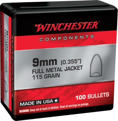 Winchester Ammo 9mm 115-Grain Full Metal Jacket Flat Base Reloading Handgun Bullets, 100 Rounds