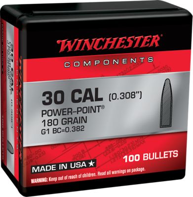 Winchester Ammo .308 Win 180-Grain Power Point Reloading Rifle Bullets, 100 Rounds