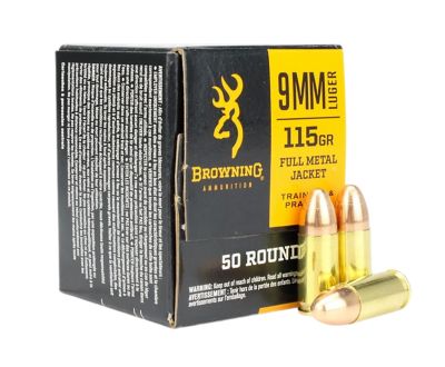 Browning Ammo 9mm 115-Grain Full Metal Jacket Handgun Ammunition, 50 Rounds